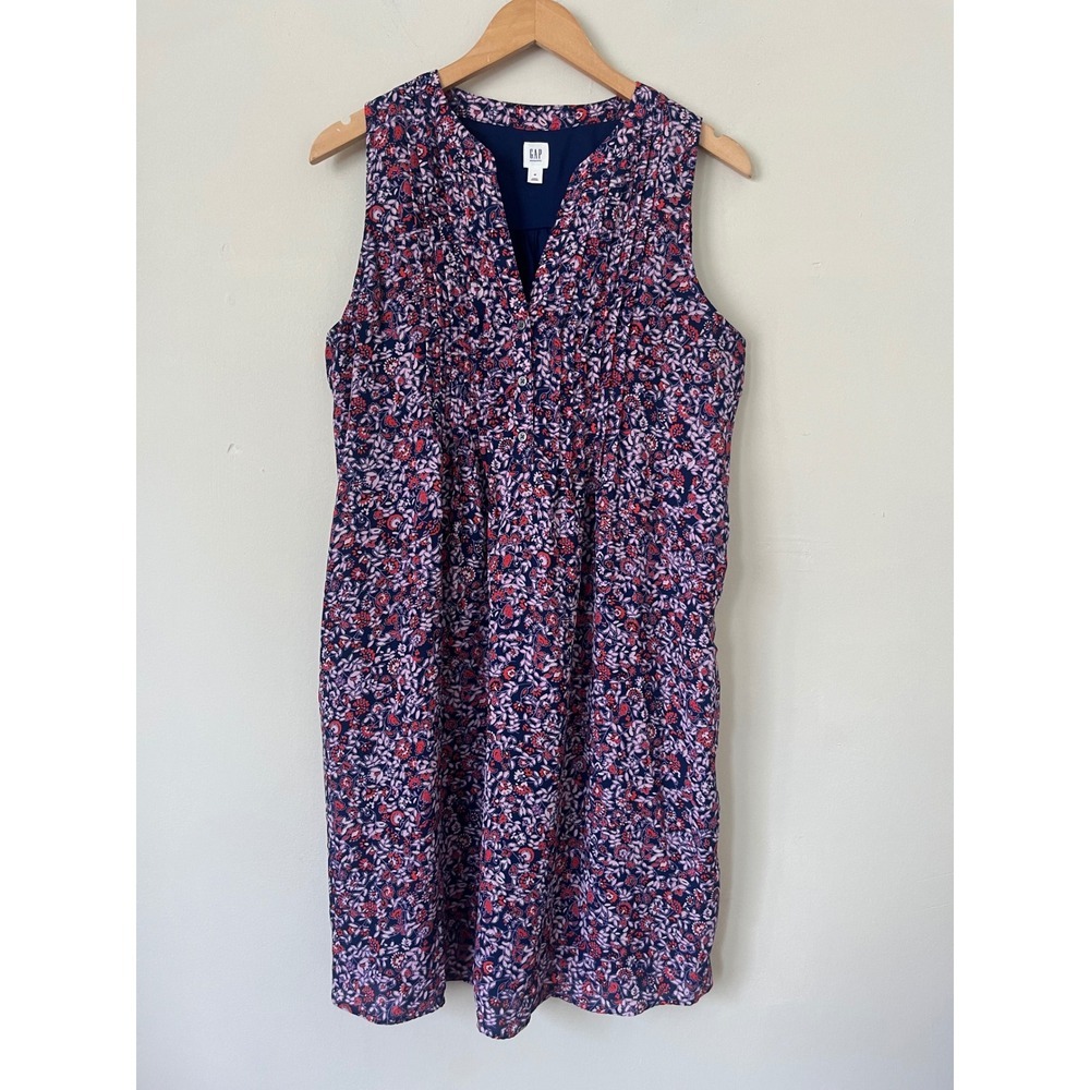 Gap Maternity Navy Blue Pink Floral Sleeveless Pintuck Shift Dress Medium